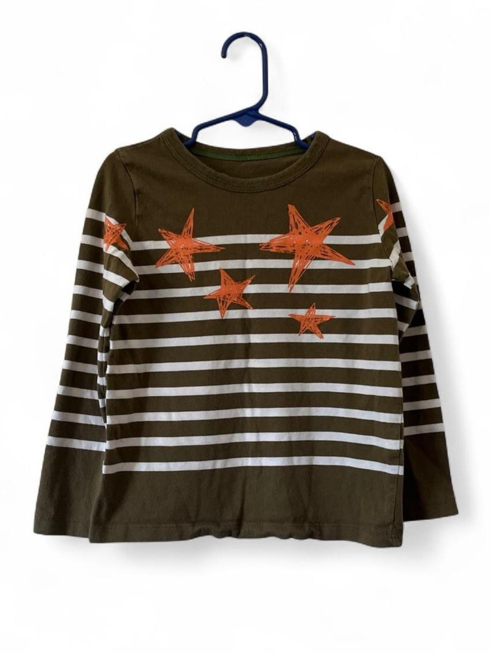 Mini Boden 4T 5T Long Sleeve Olive Green Striped Orange Star Graphic Print Shirt